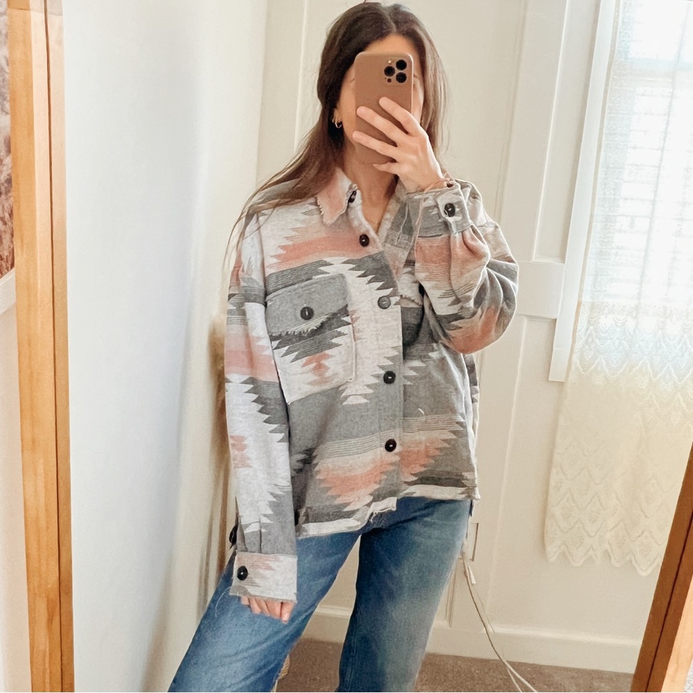 La Miel Aztec Print Boxy Raw Hem Jacket - Picture 2 of 8
